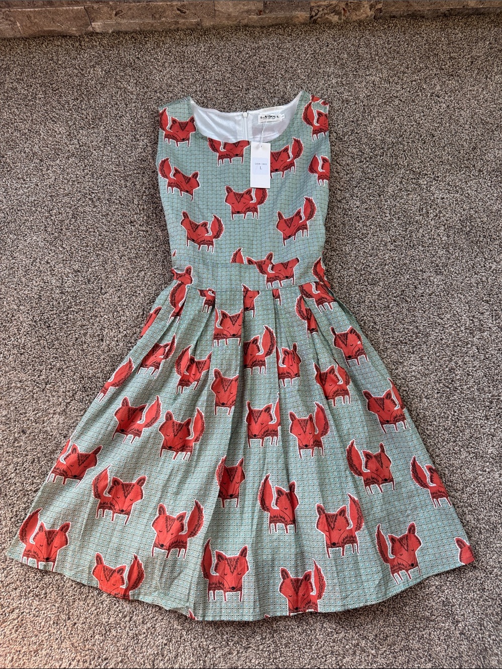 L.A. Soul Green Blue Patterned Fox Print Green Dress Womens Large nwt